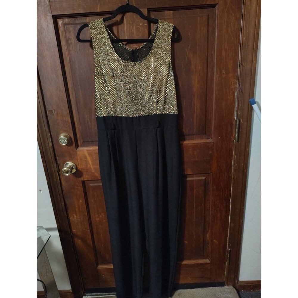 John Roberts Party/Cocktail Gold Sparkle/Black Sleeveless Jumpsuit Sz 14